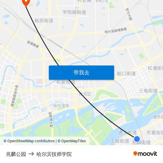 兆麟公园 to 哈尔滨技师学院 map