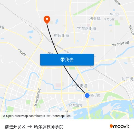 前进开发区 to 哈尔滨技师学院 map