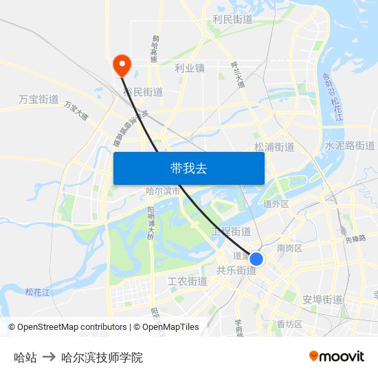 哈站 to 哈尔滨技师学院 map