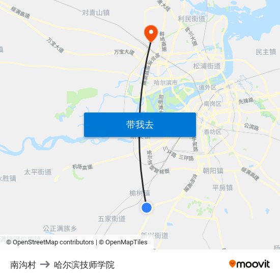 南沟村 to 哈尔滨技师学院 map