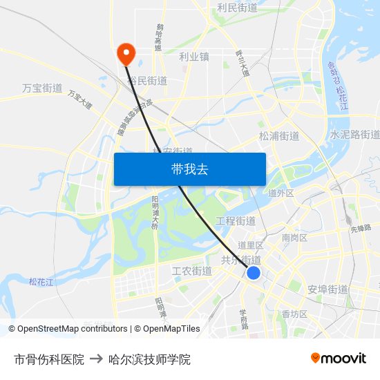 市骨伤科医院 to 哈尔滨技师学院 map