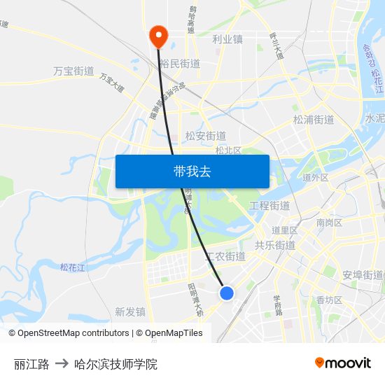 丽江路 to 哈尔滨技师学院 map