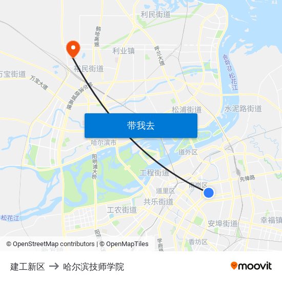 建工新区 to 哈尔滨技师学院 map