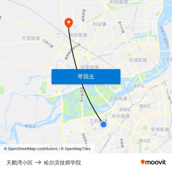 天鹅湾小区 to 哈尔滨技师学院 map