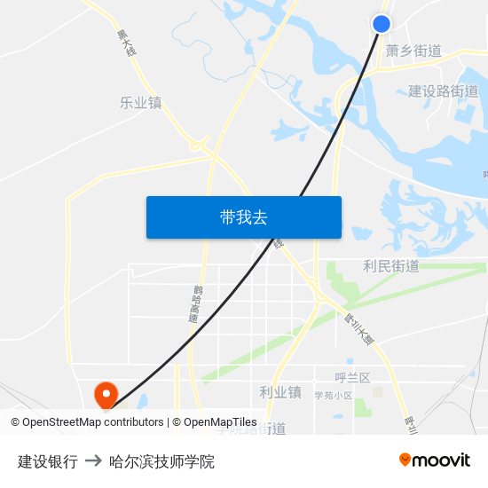 建设银行 to 哈尔滨技师学院 map