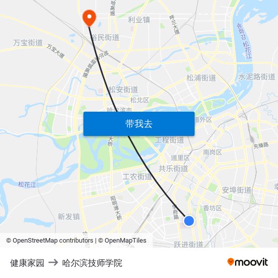 健康家园 to 哈尔滨技师学院 map