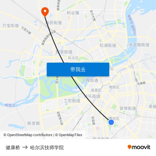 健康桥 to 哈尔滨技师学院 map