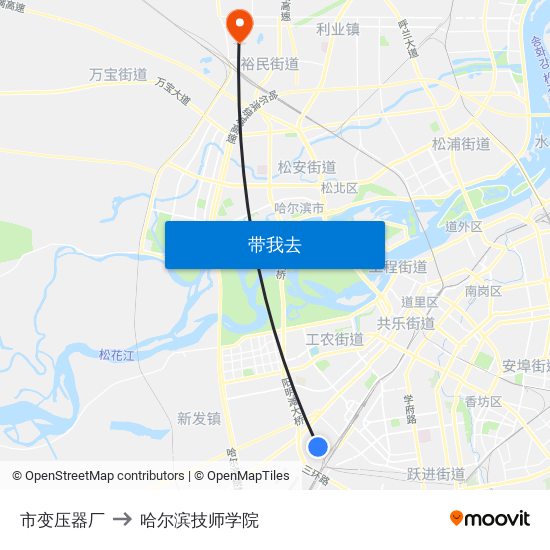 市变压器厂 to 哈尔滨技师学院 map