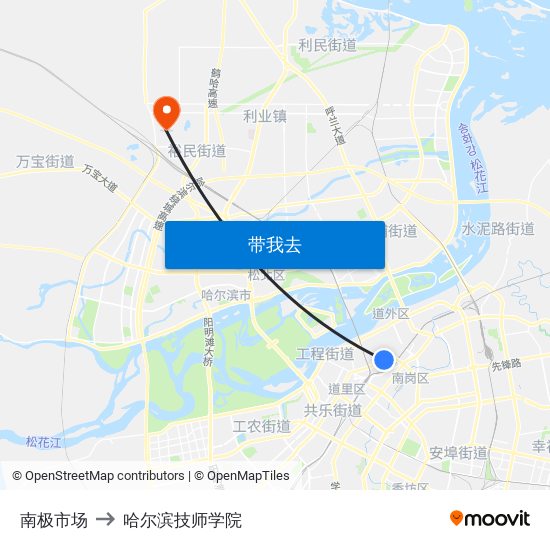 南极市场 to 哈尔滨技师学院 map