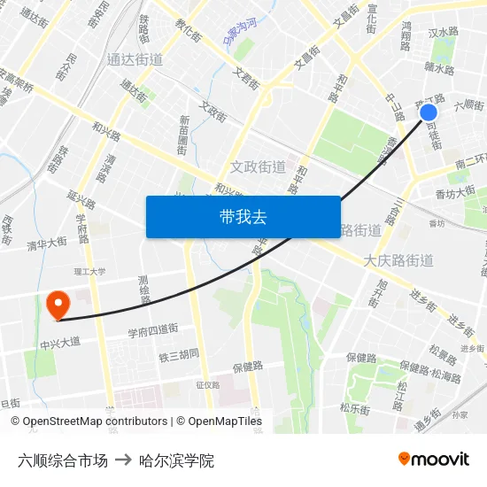 六顺综合市场 to 哈尔滨学院 map