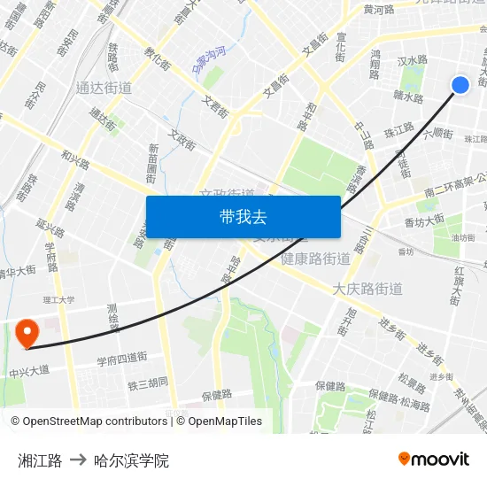 湘江路 to 哈尔滨学院 map