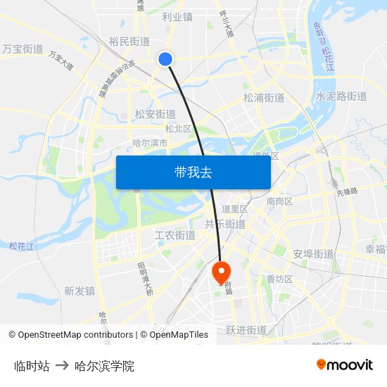 临时站 to 哈尔滨学院 map