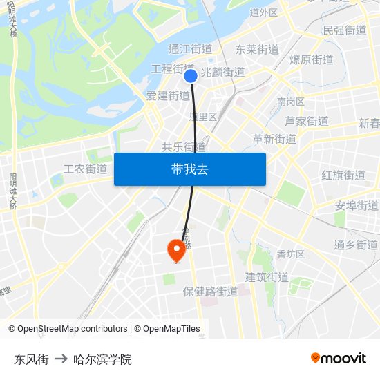 东风街 to 哈尔滨学院 map