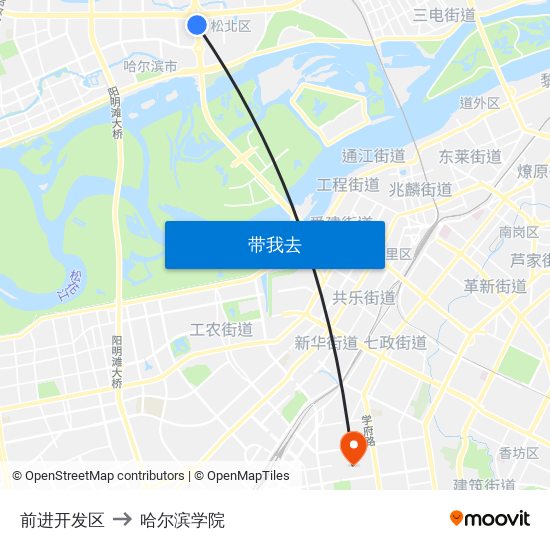 前进开发区 to 哈尔滨学院 map