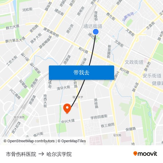 市骨伤科医院 to 哈尔滨学院 map