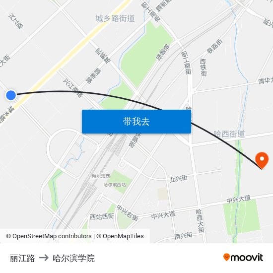 丽江路 to 哈尔滨学院 map