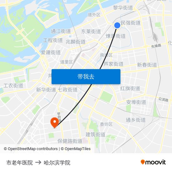 市老年医院 to 哈尔滨学院 map