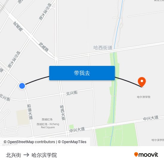 北兴街 to 哈尔滨学院 map