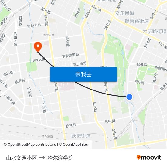 山水文园小区 to 哈尔滨学院 map