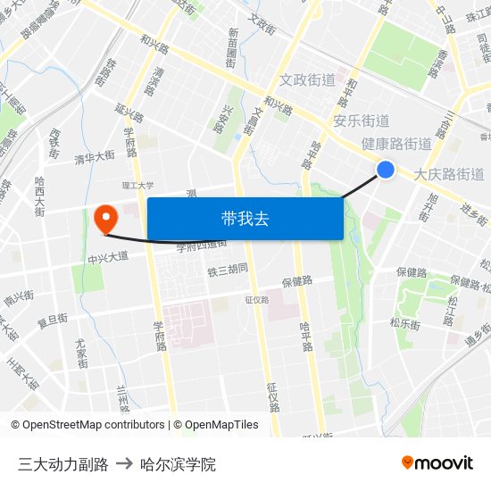 三大动力副路 to 哈尔滨学院 map