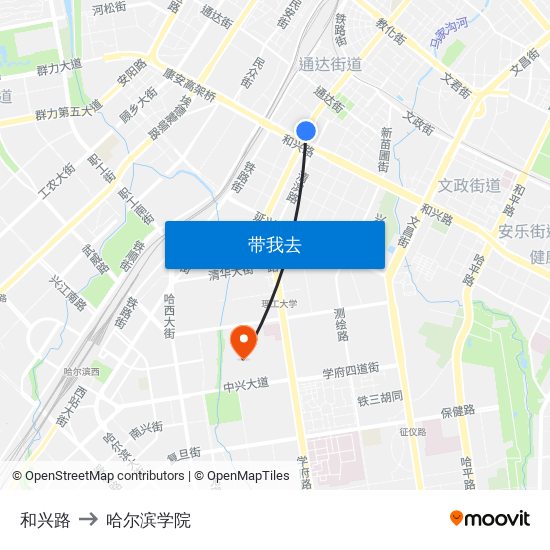 和兴路 to 哈尔滨学院 map