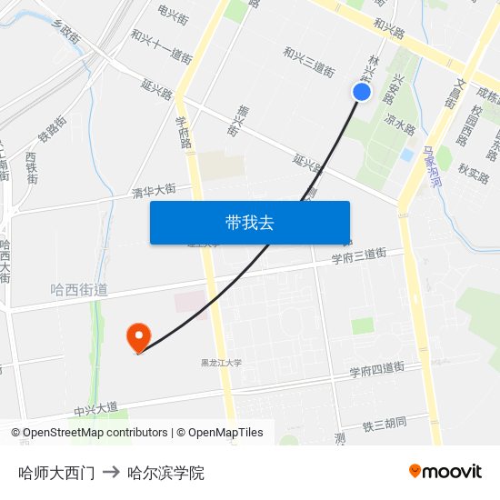 哈师大西门 to 哈尔滨学院 map