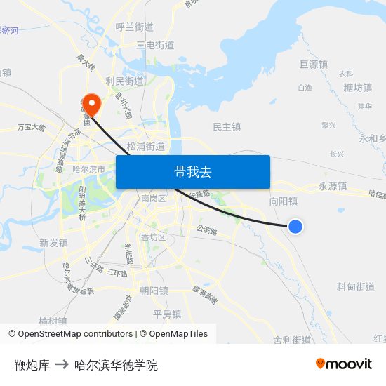 鞭炮库 to 哈尔滨华德学院 map