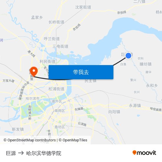 巨源 to 哈尔滨华德学院 map