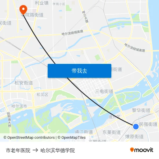市老年医院 to 哈尔滨华德学院 map