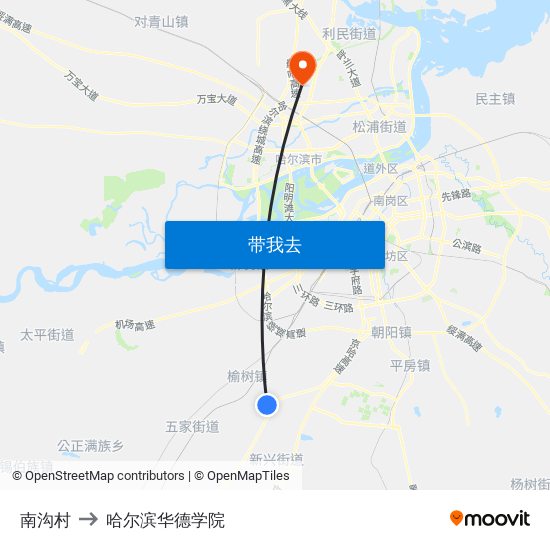 南沟村 to 哈尔滨华德学院 map