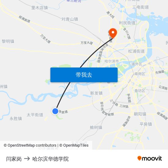 闫家岗 to 哈尔滨华德学院 map