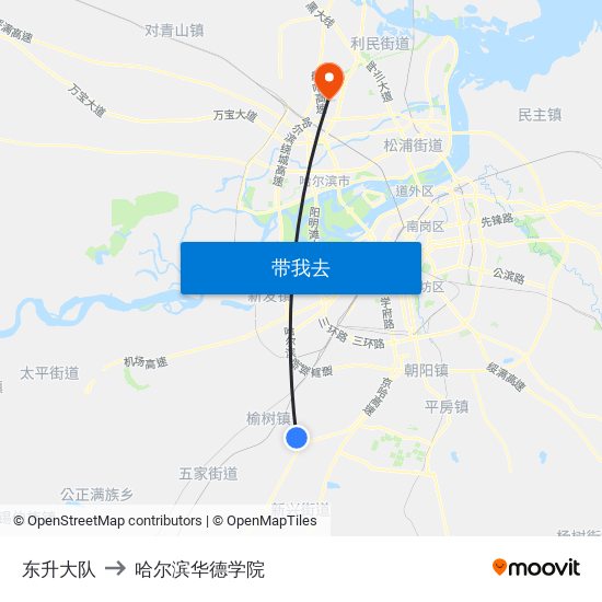 东升大队 to 哈尔滨华德学院 map