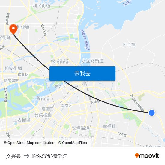 义兴泉 to 哈尔滨华德学院 map