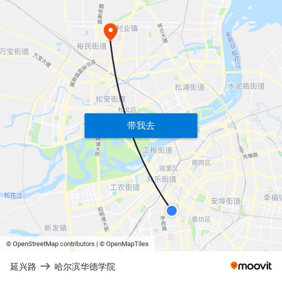 延兴路 to 哈尔滨华德学院 map