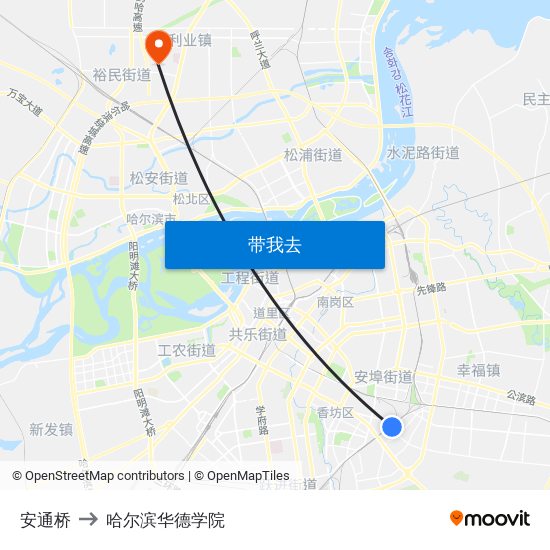 安通桥 to 哈尔滨华德学院 map