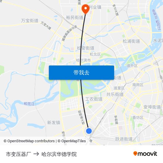 市变压器厂 to 哈尔滨华德学院 map