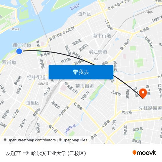 友谊宫 to 哈尔滨工业大学 (二校区) map