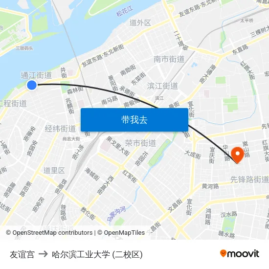 友谊宫 to 哈尔滨工业大学 (二校区) map