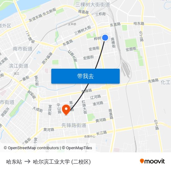 哈东站 to 哈尔滨工业大学 (二校区) map