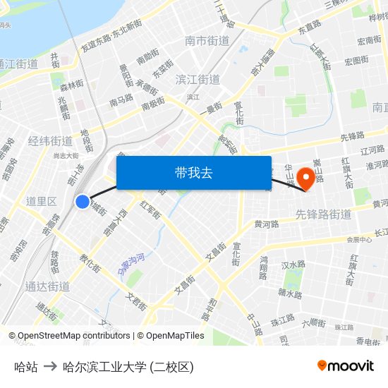 哈站 to 哈尔滨工业大学 (二校区) map