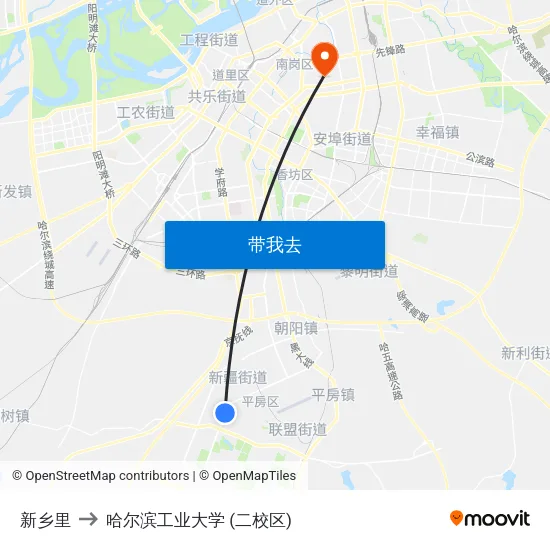 新乡里 to 哈尔滨工业大学 (二校区) map