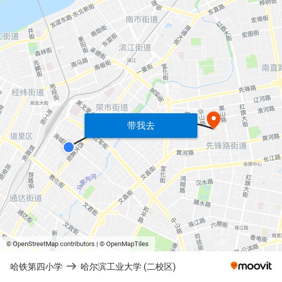 哈铁第四小学 to 哈尔滨工业大学 (二校区) map