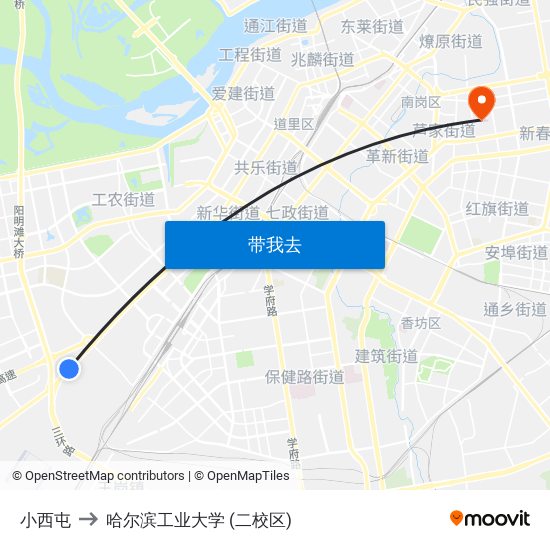 小西屯 to 哈尔滨工业大学 (二校区) map