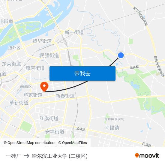 一砖厂 to 哈尔滨工业大学 (二校区) map