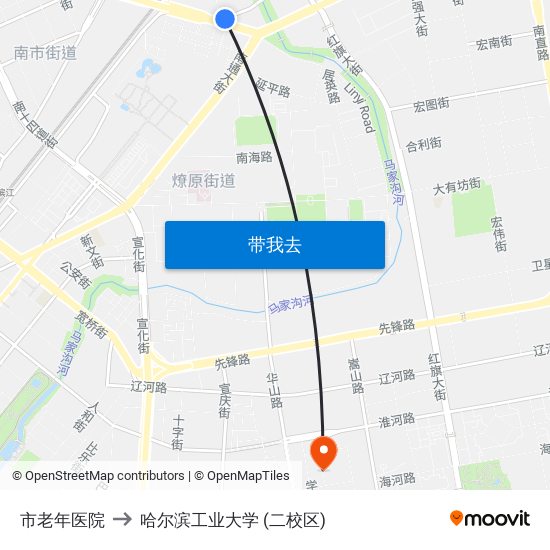 市老年医院 to 哈尔滨工业大学 (二校区) map