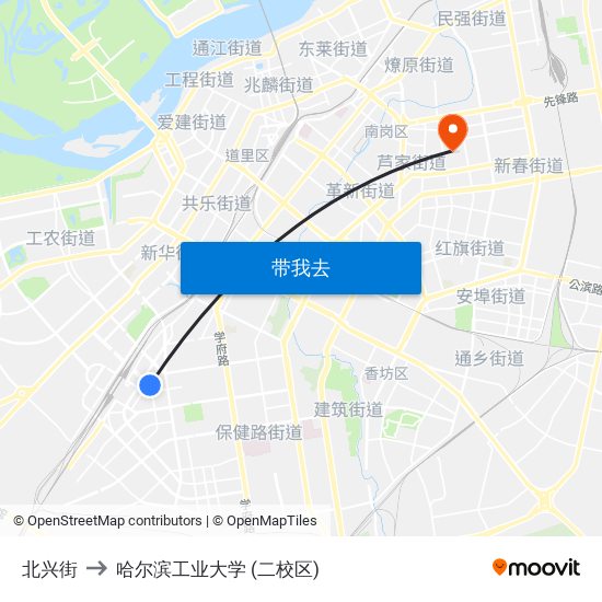 北兴街 to 哈尔滨工业大学 (二校区) map