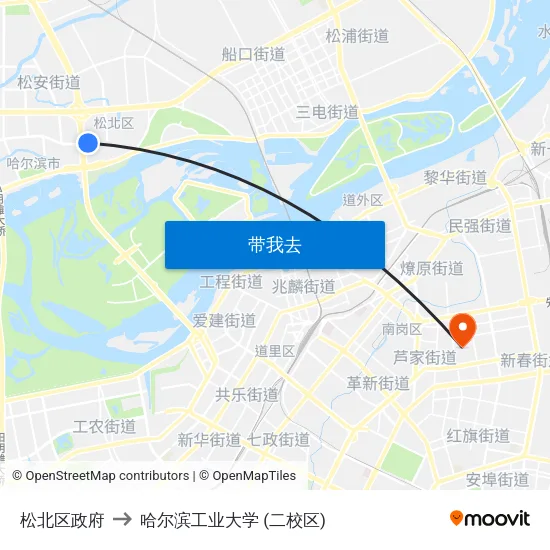 松北区政府 to 哈尔滨工业大学 (二校区) map