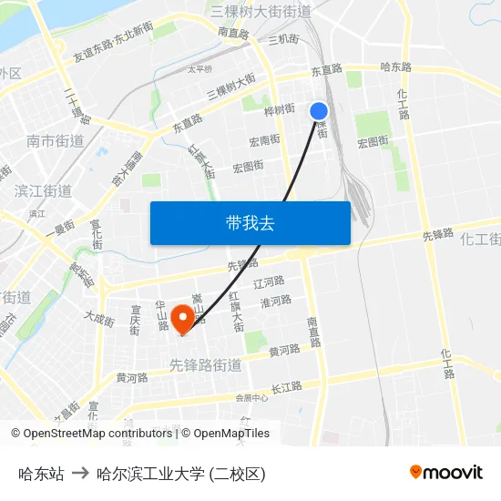 哈东站 to 哈尔滨工业大学 (二校区) map