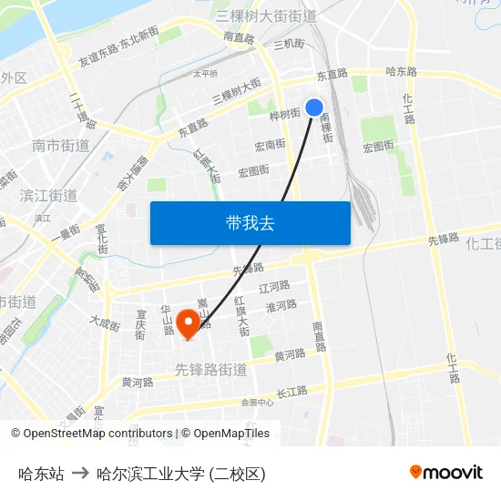 哈东站 to 哈尔滨工业大学 (二校区) map