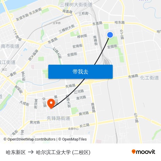 哈东新区 to 哈尔滨工业大学 (二校区) map